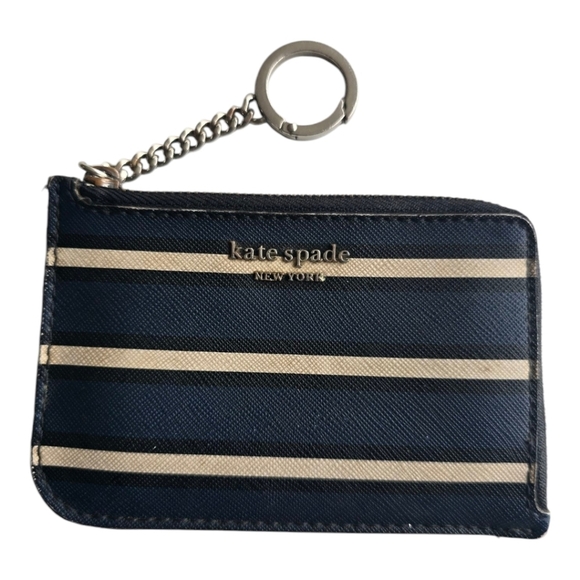 Kate Spade Womens Cameron Black Beige Saffiano Leather Keychain Card Wallet - Picture 1 of 8